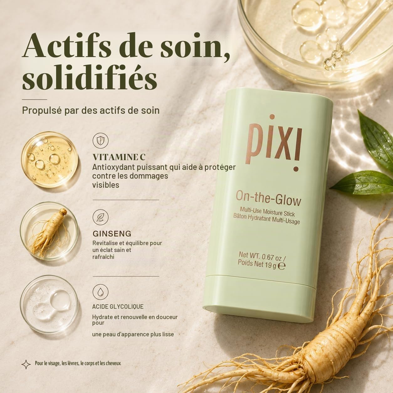 Pixi On-the-Glow Stick Hydratant Visage Transparent 19g Ginseng
